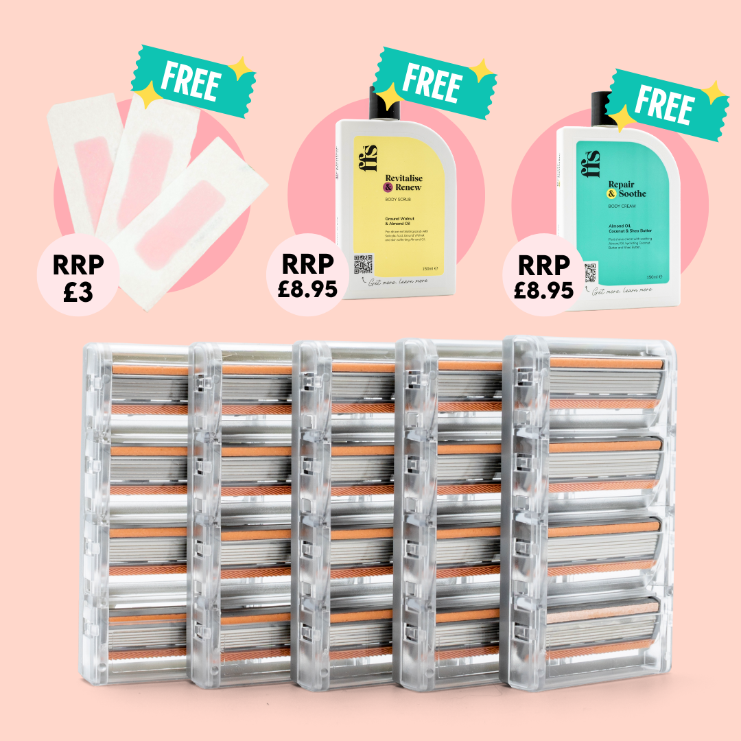 20 Blade Pack + FREE Wax Strips + FREE Body Cream + FREE Body Scrub (no subscription required)