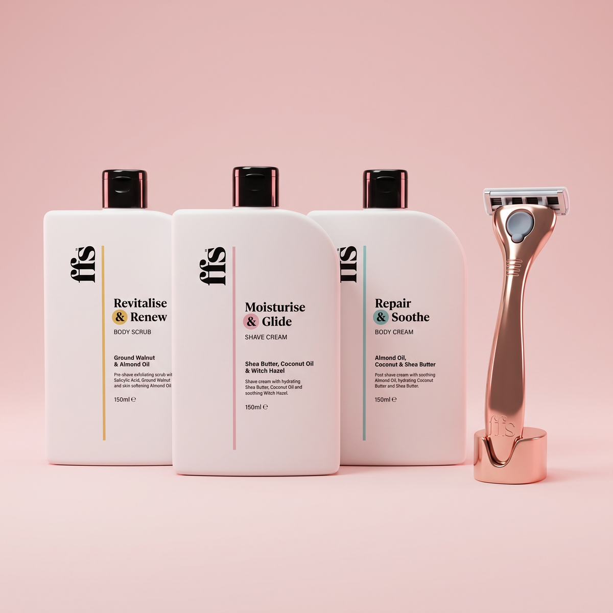 Complete the routine - Revitalise & Renew Body Scrub, Moisturise & Glide Shave Cream, Repair & Soothe Body Cream